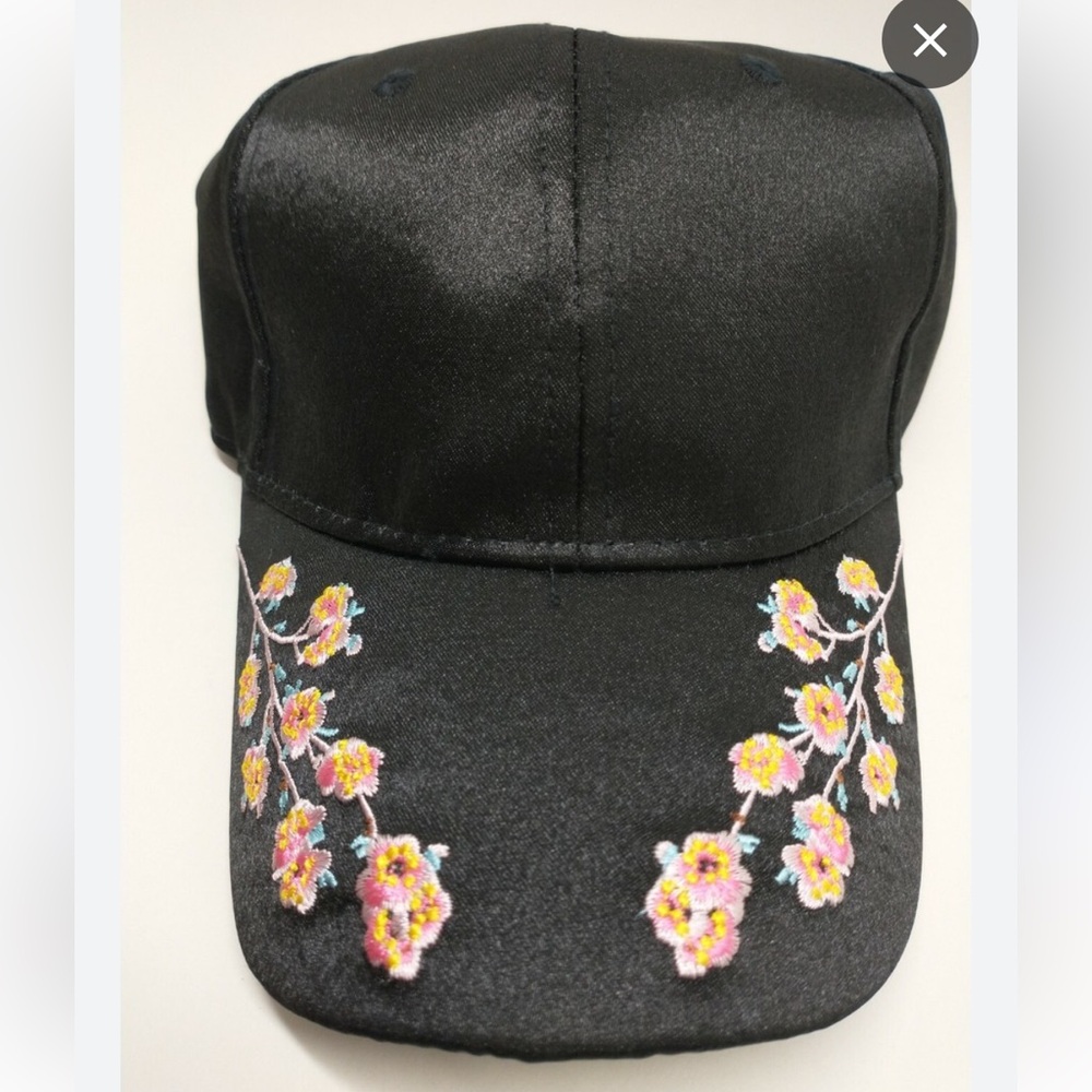 NWOT Forever 21 Satin Cherry Blossom Embroidered Cap in Black